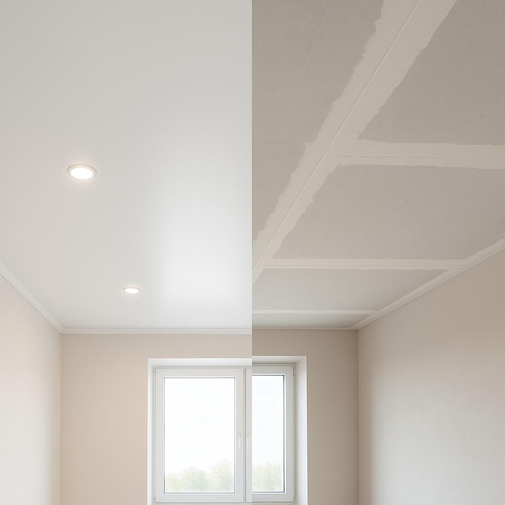 Як обрати: <strong>натяжна стеля чи гіпсокартон</strong> — ключові критерії (ціна, терміни, висота, дизайн, довговічність)